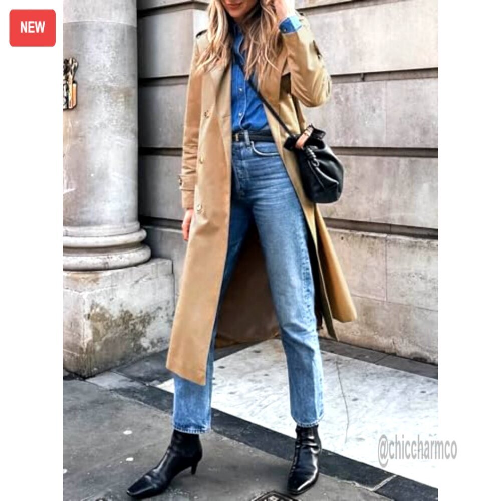 Long Trench Coat Double Breasted Classic Lapel Overcoat with Belt - Picture 5 of 7